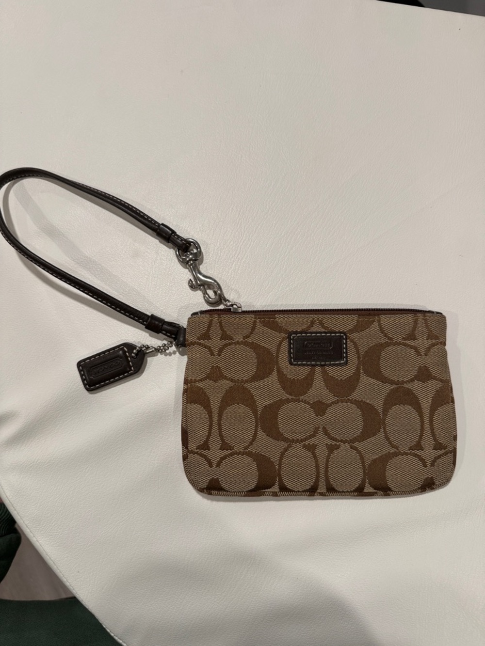 Coach Brown Signature Canvas Wristlet with Dark Brown Leather Strap